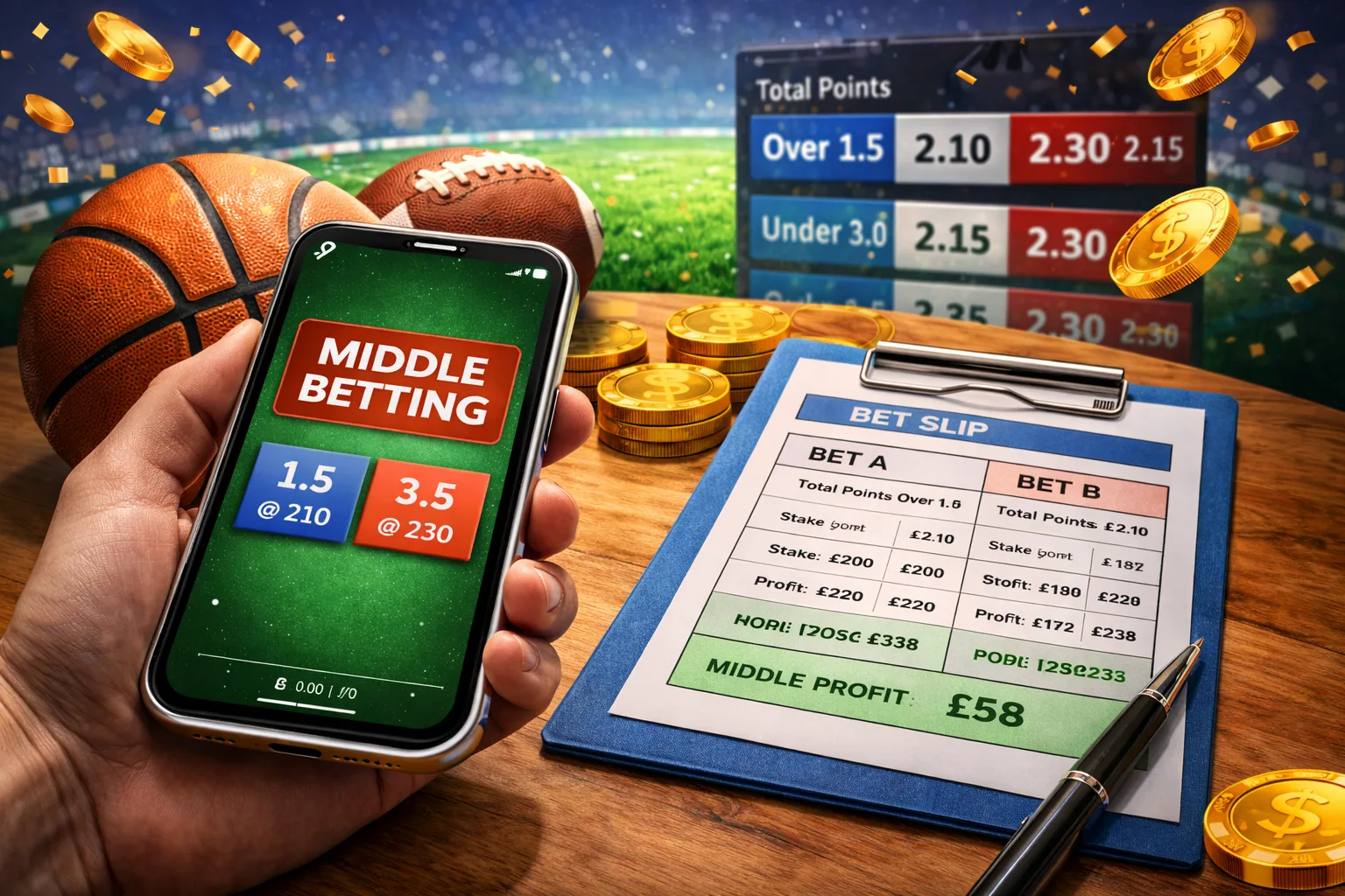 Middle betting, two opposing bets on different lines that can both win